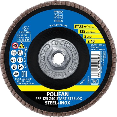 قرص مسطح من Pferd Tools Z Start STEELOX Type 27، 5 بوصة، 5/8 بوصة -11، 60 حبيبة | زركونيا، يستخدم على الفولاذ والفولاذ المقاوم للصدأ، عبوة من 10 قطع، الجزء 63931 in Kuwait