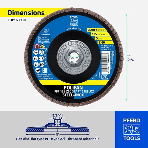 قرص مسطح من Pferd Tools Z Start STEELOX Type 27، 5 بوصة، 5/8 بوصة -11، 60 حبيبة | زركونيا، يستخدم على الفولاذ والفولاذ المقاوم للصدأ، عبوة من 10 قطع، الجزء 63931 in Kuwait