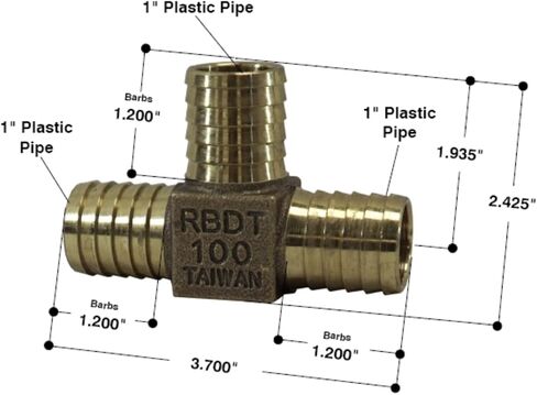 Merrill Mfg RBDTNL100 تي شيرت بدون رصاص برونزي، 1 × 1 × 1 بوصة خرطوم بارب 3 اتجاهات، درجة البناء لأنابيب البولي in Kuwait