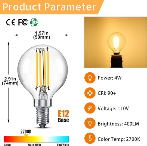 Dimmable Globe G16.5 E12 LED Bulb 40W(4W),Type G Bulb,Round Candelabra Light Bulbs for Ceiling Fan,Lamp,Chandelier,Sconce,Pendant,Warm White 2700K 400LM,Pack of 2 in Saudi Arabia