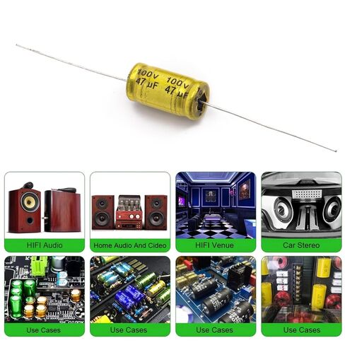 10 Pcs 47uF 100V Non-Polarized Axial Electrolytic Capacitors, 10x20mm Gold NP Audio Capacitor for Tweeter Crossover, Frequency Divider, DIY Speaker Repair in Kuwait