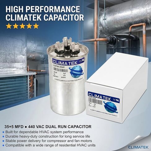 مكثف دائري ClimaTek يحل محل Goodman # CAP050350440RSP | 35/5 فائق التوهج MFD، 370/440 فولت تيار متردد، تشغيل مزدوج in Kuwait