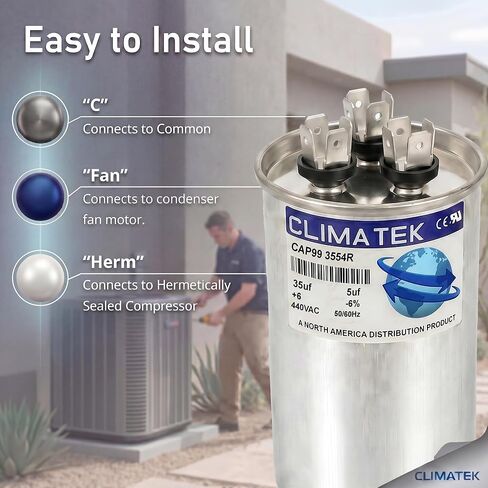 مكثف دائري ClimaTek يحل محل Goodman # CAP050350440RSP | 35/5 فائق التوهج MFD، 370/440 فولت تيار متردد، تشغيل مزدوج in Kuwait