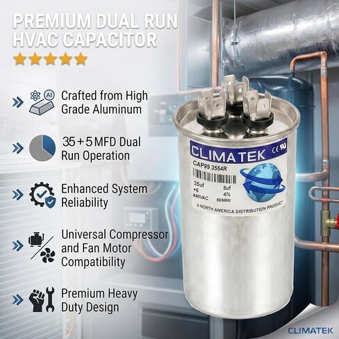 مكثف دائري ClimaTek يحل محل Goodman # CAP050350440RSP | 35/5 فائق التوهج MFD، 370/440 فولت تيار متردد، تشغيل مزدوج in Kuwait