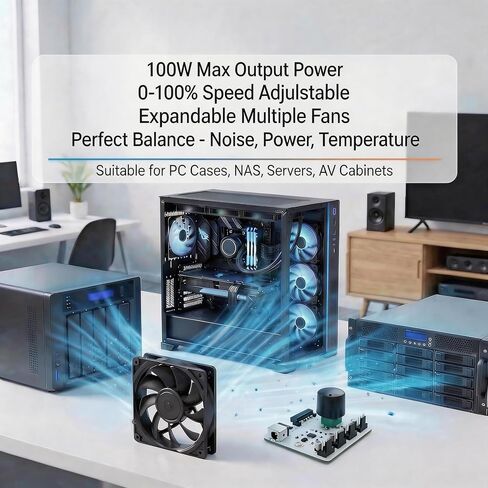 جهاز التحكم في سرعة المروحة Delinx 100 وات 12 فولت 4 سنون PWM، سرعة قابلة للتعديل 0-100%، مدعوم من النوع C PD & DC 5521 وSATA، محور مروحة 4 قنوات، حامل مغناطيسي لخادم الكمبيوتر الشخصي NAS AV تبريد الخزانة in Kuwait