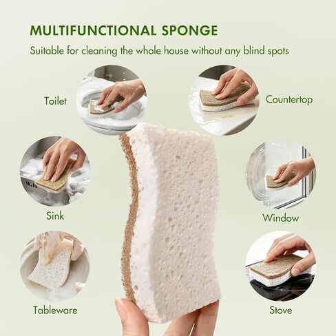 SetSail Kitchen Sponges,12 Pack Biodegradable Cellulose Natural Dish Sponges Non Scratch Cleaning Power Coconut Cellulose Eco Kitchen Sponges for Washing Dishes,Pans Bathroom Kitchen Cleaning, Brown in Kuwait