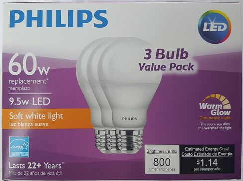 Philips 60 Watt Equivalent 9.5 Watts A19 LED Light Bulb, Dimmable, Warm Glow, Suitable for Damp Locations, 3-Pack in Kuwait