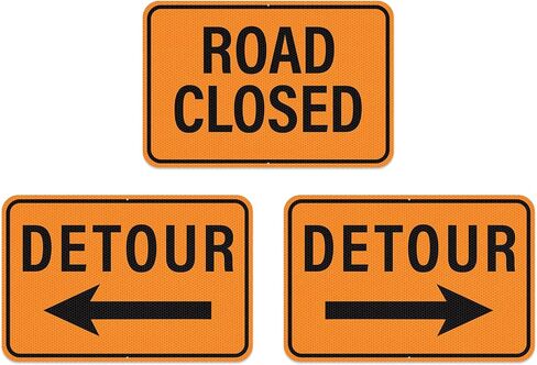 3 PCS Road Closed Sign Detour Sign with Right Left Arrow 18"×12" | Reflective Rust-Free Aluminum, Waterproof Metal, Large Traffic Signs Kit for Barricade, Construction, Parking Lot, Driveway in Kuwait
