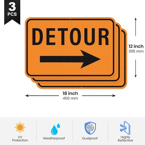 3 PCS Road Closed Sign Detour Sign with Right Left Arrow 18"×12" | Reflective Rust-Free Aluminum, Waterproof Metal, Large Traffic Signs Kit for Barricade, Construction, Parking Lot, Driveway in Kuwait