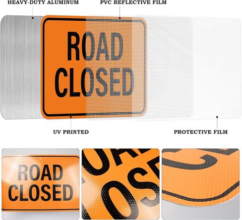 3 PCS Road Closed Sign Detour Sign with Right Left Arrow 18"×12" | Reflective Rust-Free Aluminum, Waterproof Metal, Large Traffic Signs Kit for Barricade, Construction, Parking Lot, Driveway in Kuwait