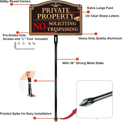 2Pack Private Property No Trespassing Sign with 36" Tall Metal Stake, 12" x 8" No Soliciting Sign Aluminum, Easy Installation, Reflective in Kuwait