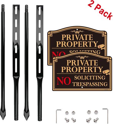 2Pack Private Property No Trespassing Sign with 36" Tall Metal Stake, 12" x 8" No Soliciting Sign Aluminum, Easy Installation, Reflective in Kuwait