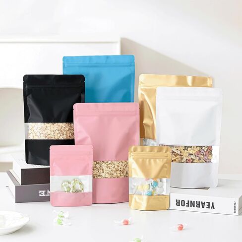 100 Pcs 4.7" x 7.9" Smell Proof Bags, Resealable Bags with Clear Window, Foil Pouch Black Stand Up Sealable Bags for Packaging in Kuwait