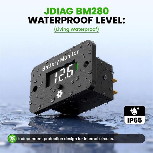 JDIAG BM280 مقياس البطارية الرقمي لبطاريات الليثيوم والحمض 12 فولت - 72 فولت، شاشة LCD مقاومة للماء، جهاز قياس جهد البطارية لعربة الجولف (EZGO، Club Car)، السيارة، RV والمزيد in Kuwait