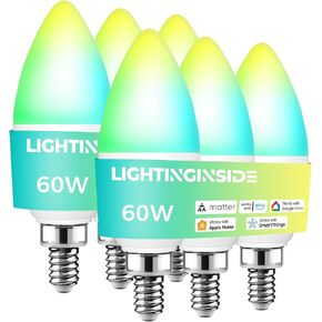 لمبة LED من Lightinginside Matter E12، مصابيح إضاءة ذكية 6 عبوات 60 وات، متوافقة مع Alexa/Apple Home/Google Home/SmartThings، مصابيح شموع RGBCW Candelabra، 2.4G WiFi، قائمة ETL، مطلوب محور in Kuwait