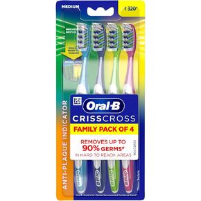 Oral-B Criss Cross Deep Clean Medium Bristles Manual Toothbrush for Adults,Tongue Cleaner, Multicolour Tooth Brush Set, Oral B Dentist Recommended Brand (Family Pack Total 4 Brushes) in Kuwait