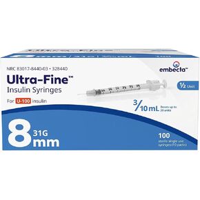 BD Ultra-Fine Syringes with Half-Unit Scale 31G x 5/16" (8mm), 0.3cc, Box of 100 in Kuwait