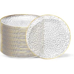 Rubtlamp 100 Pcs Clear Gold Plastic 7 Inch Plates, Small Hammered Party Plates, Clear Disposable Dessert Plates, Gold Plastic Dessert Plates Disposable For All Occasions in Kuwait