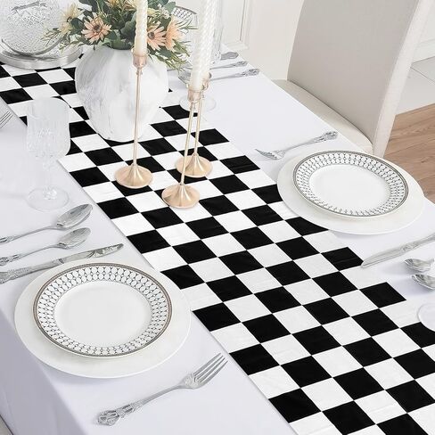 Betylifoy 6 قطع أبيض وأسود متقلب الجدول عداء 14 × 108 بوصة المتاح البلاستيك الجدول العداءين سباق السيارات موضوع العلم الجدول عداء لاثنين سريع عيد ميلاد سباق حزب الزفاف نزهة الديكور in Kuwait