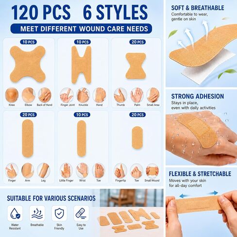 120 PCS Adhesive Bandages Assorted Sizes, 6 Styles Fabric Bandages for Fingers, Knuckles, Elbows & Knees, Flexible Breathable First Aid Bandages for Home, Office, Travel and Emergency Kits in Kuwait