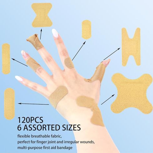 120 PCS Adhesive Bandages Assorted Sizes, 6 Styles Fabric Bandages for Fingers, Knuckles, Elbows & Knees, Flexible Breathable First Aid Bandages for Home, Office, Travel and Emergency Kits in Kuwait