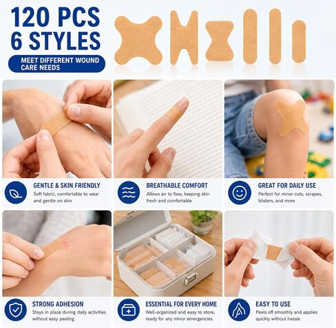 120 PCS Adhesive Bandages Assorted Sizes, 6 Styles Fabric Bandages for Fingers, Knuckles, Elbows & Knees, Flexible Breathable First Aid Bandages for Home, Office, Travel and Emergency Kits in Kuwait