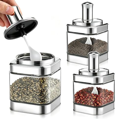 LemonRoad 3 Pack Glass Condiment Pot, 12 Ounce Gold Spice Jars with Spoons and Lids, Seasoning Box Set Salt Container, Sugar Dispense, Kitchen Containers for Flour and Sugar in Saudi Arabia