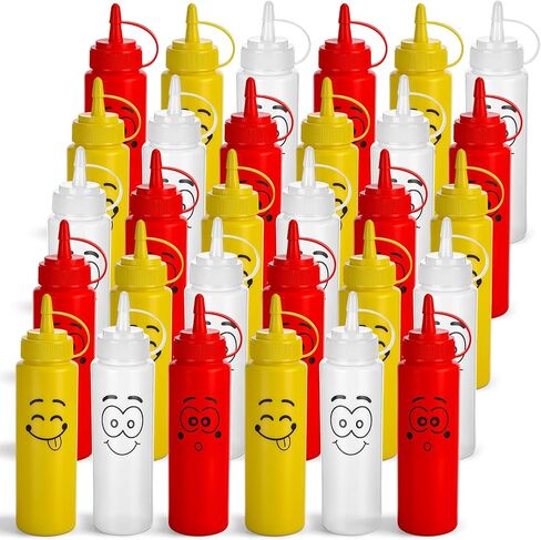 30 Pack 8 oz Condiment Squeeze Bottles Bulk Ketchup and Mustard Squeeze Bottles with Leak-proof Cap Smile Face Plastic Ketchup Dispenser Set for Kitchen Restaurant BBQ Grill Syrup Oil Salad Sauces in Kuwait