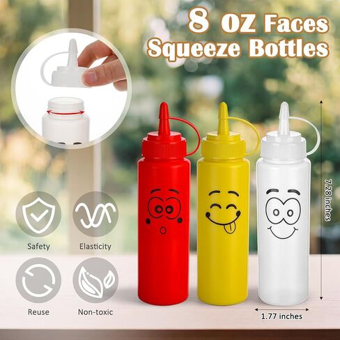 30 Pack 8 oz Condiment Squeeze Bottles Bulk Ketchup and Mustard Squeeze Bottles with Leak-proof Cap Smile Face Plastic Ketchup Dispenser Set for Kitchen Restaurant BBQ Grill Syrup Oil Salad Sauces in Kuwait