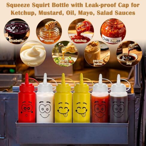 30 Pack 8 oz Condiment Squeeze Bottles Bulk Ketchup and Mustard Squeeze Bottles with Leak-proof Cap Smile Face Plastic Ketchup Dispenser Set for Kitchen Restaurant BBQ Grill Syrup Oil Salad Sauces in Kuwait