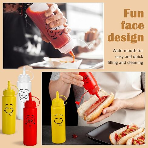 30 Pack 8 oz Condiment Squeeze Bottles Bulk Ketchup and Mustard Squeeze Bottles with Leak-proof Cap Smile Face Plastic Ketchup Dispenser Set for Kitchen Restaurant BBQ Grill Syrup Oil Salad Sauces in Kuwait