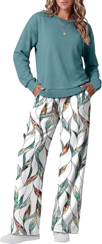 WIHOLL Two Piece Sets for Women Travel Vacation Outfits Fashion Tracksuit | Women Travel Sweatsuit Wide Leg Pants Long Sleeve 2Pcs Outfit Fashion Clothing in Kuwait