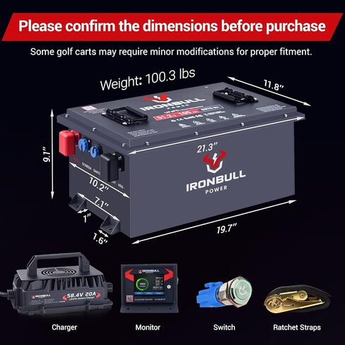 48V (51.2V) 105Ah Lithium Golf Cart Battery Conversion Kit, 5376Wh LiFePO4 Battery with 200A BMS (600A Peak), 16-20A Fast Charger, Switch and Monitor for Club Car, EZGO, Yamaha, UTV in Kuwait