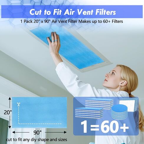 Air Vent Filter Kit - 20" x 90" Cut to Fit Air Filter Materials MERV 8 Electrostatic Media Roll for Home Floor, Ceiling, AC, HVAC, RVC Furnace Vents, With 48PCs Adhesive Hook Tape in Saudi Arabia