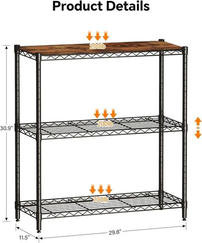 Homeiju 3-Tier Storage Rack, 29.8" Wide Heavy Duty Metal Shelving Unit, Top Tier with Removable Wood Board, 200 lbs Capacity per Shelf, for Pantry, Bathroom, Garage, Entryway, Plant Stand in Saudi Arabia