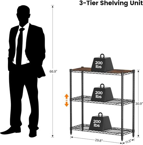 Homeiju 3-Tier Storage Rack, 29.8" Wide Heavy Duty Metal Shelving Unit, Top Tier with Removable Wood Board, 200 lbs Capacity per Shelf, for Pantry, Bathroom, Garage, Entryway, Plant Stand in Saudi Arabia