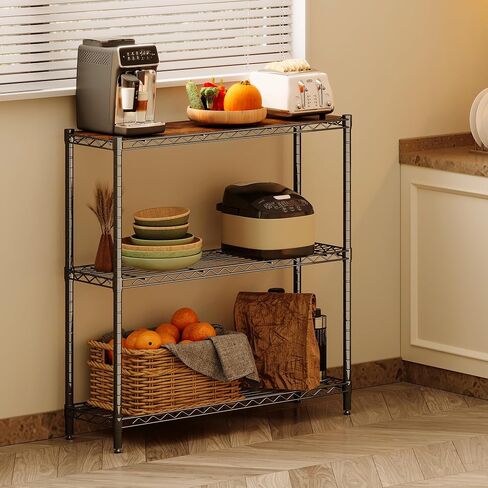 Homeiju 3-Tier Storage Rack, 29.8" Wide Heavy Duty Metal Shelving Unit, Top Tier with Removable Wood Board, 200 lbs Capacity per Shelf, for Pantry, Bathroom, Garage, Entryway, Plant Stand in Saudi Arabia