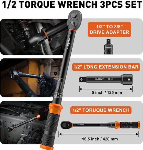 HORUSDY 1/2-Inch Drive Click Torque Wrench Set – 10–170 ft-lb / 13.6–230.5 Nm, ±3% Precision, Dual Scale, 72-Tooth Reversible Head with 5" Extension & Adapter for Car, Tire, and Motorcycle Use in Kuwait