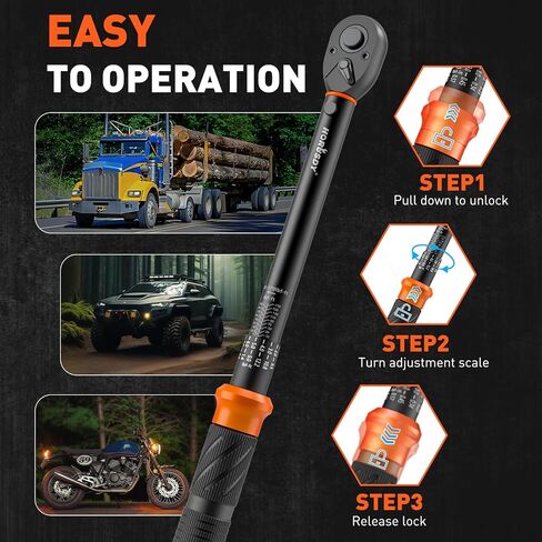HORUSDY 1/2-Inch Drive Click Torque Wrench Set – 10–170 ft-lb / 13.6–230.5 Nm, ±3% Precision, Dual Scale, 72-Tooth Reversible Head with 5" Extension & Adapter for Car, Tire, and Motorcycle Use in Kuwait