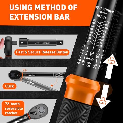 HORUSDY 1/2-Inch Drive Click Torque Wrench Set – 10–170 ft-lb / 13.6–230.5 Nm, ±3% Precision, Dual Scale, 72-Tooth Reversible Head with 5" Extension & Adapter for Car, Tire, and Motorcycle Use in Kuwait