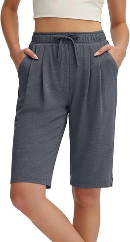 JOAU Women's Bermuda Shorts with Pockets Yoga Hiking Athletic Gym Shorts Knee Length Drawstring Elastic Waist Short Pants in Kuwait