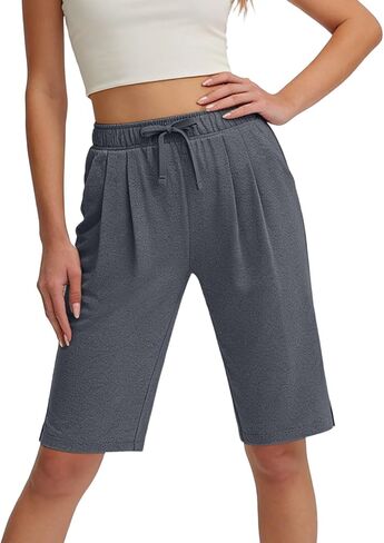 JOAU Women's Bermuda Shorts with Pockets Yoga Hiking Athletic Gym Shorts Knee Length Drawstring Elastic Waist Short Pants in Kuwait