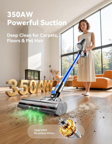 Cordless Vacuum Cleaner 350AW/70Min, Stick Vacuum for Pet Hair, Hardfloor | AI Auto Mode, Self-Standing Design, Anti-Tangle V-Brush, Green LED Dust Reveal, HEPA Filter, 1.8L Cup, 10-in-1 Cleaning Tools in Kuwait