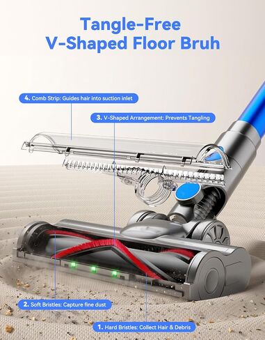 Cordless Vacuum Cleaner 350AW/70Min, Stick Vacuum for Pet Hair, Hardfloor | AI Auto Mode, Self-Standing Design, Anti-Tangle V-Brush, Green LED Dust Reveal, HEPA Filter, 1.8L Cup, 10-in-1 Cleaning Tools in Kuwait