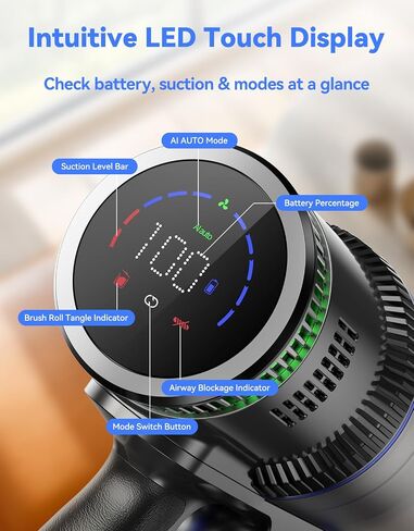 Cordless Vacuum Cleaner 350AW/70Min, Stick Vacuum for Pet Hair, Hardfloor | AI Auto Mode, Self-Standing Design, Anti-Tangle V-Brush, Green LED Dust Reveal, HEPA Filter, 1.8L Cup, 10-in-1 Cleaning Tools in Kuwait