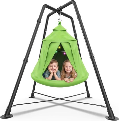 Swing Set with Tent Swing, X-Shaped Swing Frame with Sensory Swing, Metal 32mm Diameter Swing Stand with Tent Swing, 330 lbs Capacity, w/Rainbow Lights String, Indoor/Outdoor Use (Green) in Kuwait