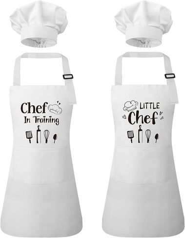 2 Pack Kids Apron and Chef Hat Kids Apron for Cooking | Adjustable Kitchen Cooking Apron with Pockets Kids Funny Apron for Girls Boys in Kuwait