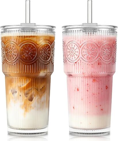 KEMORELA 20oz Ribbed & Floral Glass Iced Coffee Cups with Lids 4Pcs：Reusable Glass Cups with Lid and Glass Straw, Glass tumbler for Water Leak Proof for Coffee Bar Accessories- Includes Cleaning Brush in Kuwait