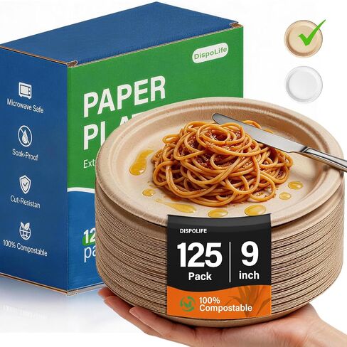Compostable Paper Plates: 9 Inch 125 Pack Soak & Cut Proof Heavy Duty Paper Plates - Bagasse Biodegradable Eco Friendly Sugarcane Dinner Disposable Plates - Outdoor Birthday Parties - Natural Brown in Kuwait