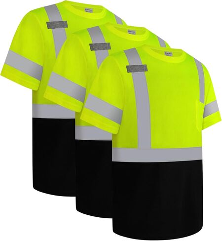 قمصان Hi Vis للرجال، قمصان عالية الوضوح من فئة البناء 2 للرجال، قمصان Hi Vis عاكسة للسلامة للرجال والنساء، قمصان عمل قصيرة الأكمام بجزء سفلي أسود، أصفر مقاس XL، 3 قطع in Kuwait